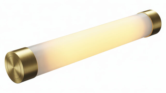 Brushed brass cylindrical wall light with frosted diffuser isolated on a white background