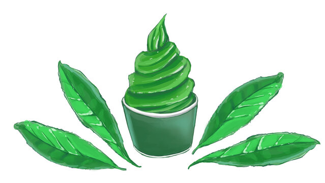 Hand-drawn matcha soft serve ice cream and tea leaves / 抹茶ソフトクリームと茶葉の手描きイラスト