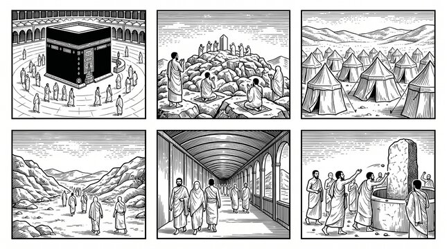 Hajj pilgrimage rites: Kaaba Tawaf, Arafat prayer, Mina tents, Sa&rsquo;i ritual, corridor walk, Jamarat stoning ceremony.