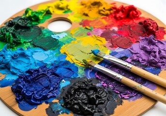 Fototapeta premium A vibrant palette of acrylic paints with a brush resting on it, showcasing a variety of colors