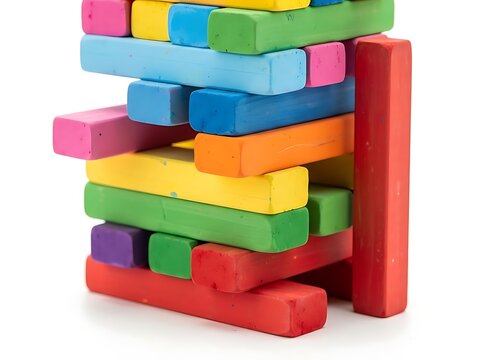 A colorful stack of wooden blocks arranged in a precarious tower formation