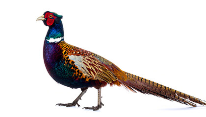 Fototapeta premium Male common pheasant standing against a plain white background