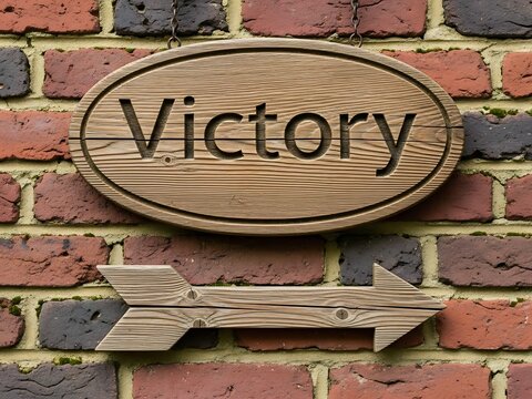 A rustic wooden sign with the word victory and an arrow pointing to the right.