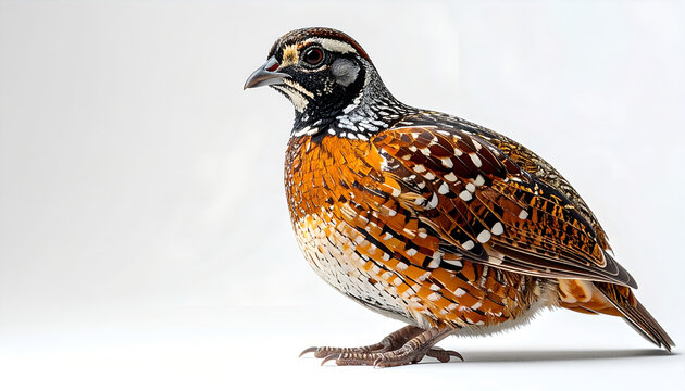 Northern bobwhite quail standing against a plain white background