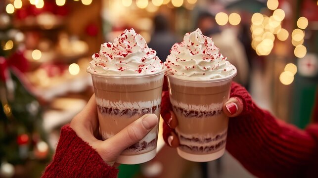 Winter holiday market scene with people holding special peppermint lattes topped with whipped cream surrounded by festive decorations market stalls twinkling lights and holiday cheer