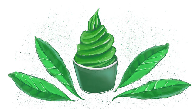 Hand-drawn matcha soft serve ice cream and tea leaves / 抹茶ソフトクリームと茶葉の手描きイラスト
