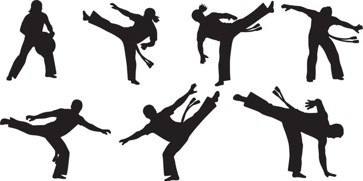 Black Solid Capoeira Dance Silhouettes Set of Six on White Background