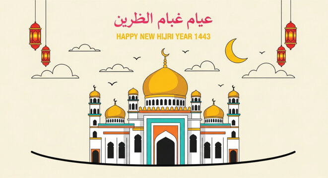 Vector Illustration of a Mosque with Lanterns and Crescent Moon for Islamic New Year Celebrations, Featuring Arabic Calligraphy and Festive Elements