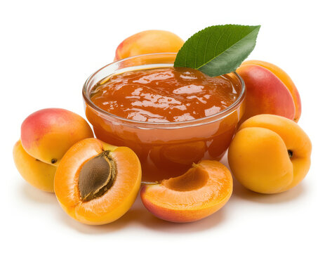 Fresh apricots and a glass bowl filled with sweet orange apricot jam on a white background