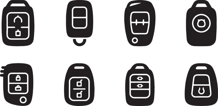 Black Solid Car Key Fob Silhouettes Set of Six on White Background