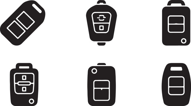 Black Solid Car Key Fob Silhouettes Set of Six on White Background