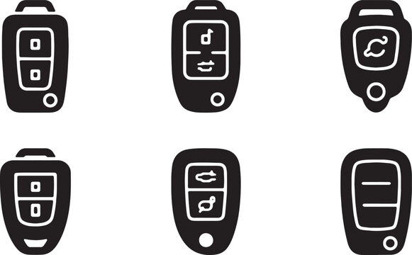 Black Solid Car Key Fob Silhouettes Set of Six on White Background