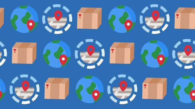 Seamless pattern of global logistics icon with world globe, shipping box, and location map in background animation. Abstract wallpaper for worldwide delivery banner and package tracking backdrop.