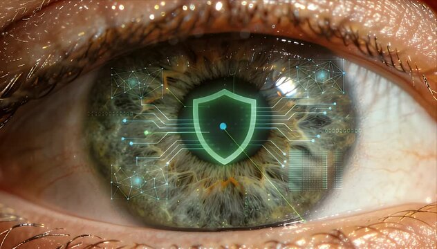 Cyber Security Digital Defense Digital security cyber defense eye closeup iris pupil human protection shield scan data network biometric futuristic technology abstract