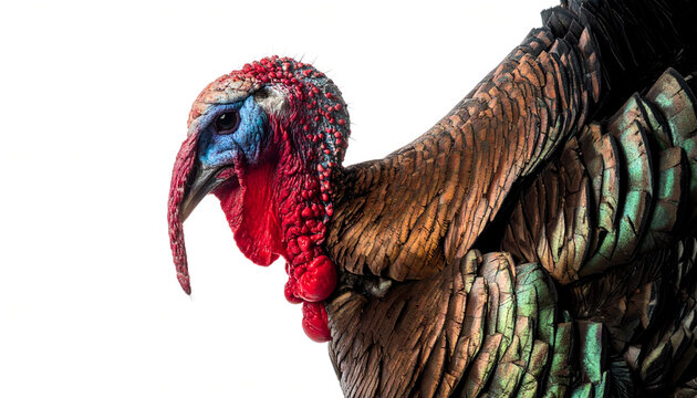 Profile of a wild turkey showing its head and iridescent feathers