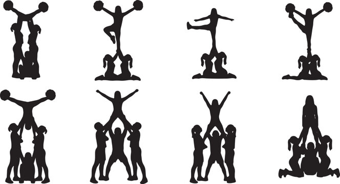 Black Solid Cheerleading Pyramids Silhouettes Set of Six on White Background