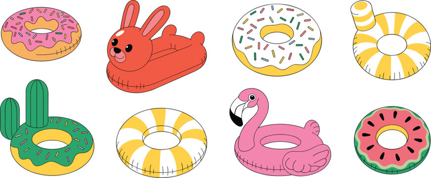 Summer pool float vector illustration set, inflatable toys collection, donut flamingo ring cactus beach accessories flat design