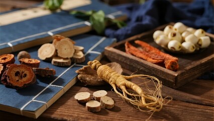 Fototapeta premium Assorted dried herbs and roots arranged on a wooden table with blue tiles