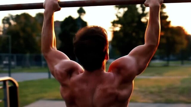 Muscular man doing pull-ups exercise on horizontal bar in outdoor park during sunset. Strong male athlete training back muscles for body health and fitness. Hard work and motivation inspiration