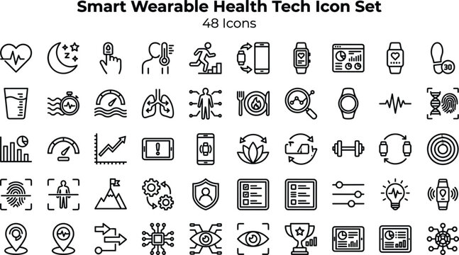 Smart Wearable Health Tech Icon Set Featuring Fitness Tracking, Vital Monitoring, Smart Devices and Digital Healthcare Concepts