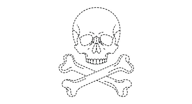 Simple dotted line jolly roger skull and crossbones icon for children to trace and learn about pirate symbols.