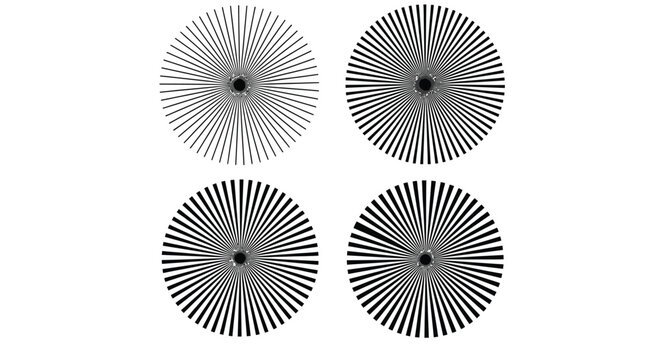 Minimalist vector graphic set displaying four circular sunburst radial line patterns with varying thicknesses and densities designed for optical illusions or test targets to demonstrate geometry and p