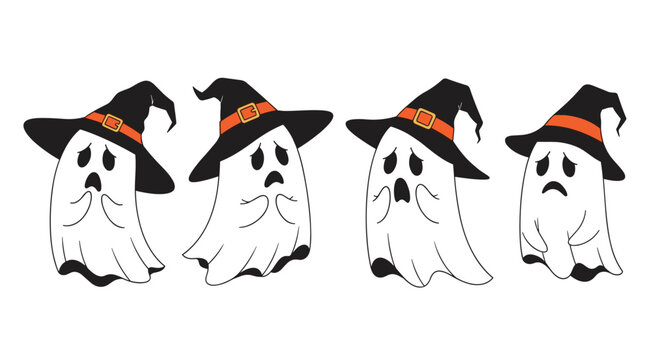 Group of four white cartoon ghosts wearing black witch hats with orange buckles exhibit different sad or worried expressions.
