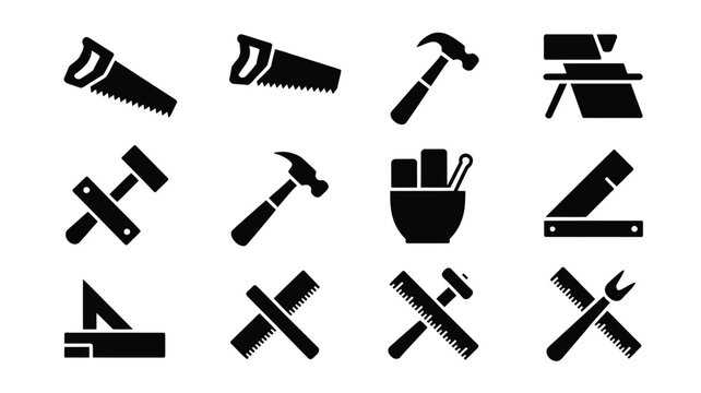 Black silhouette icons of various carpentry tools on white background for design and crafting projects