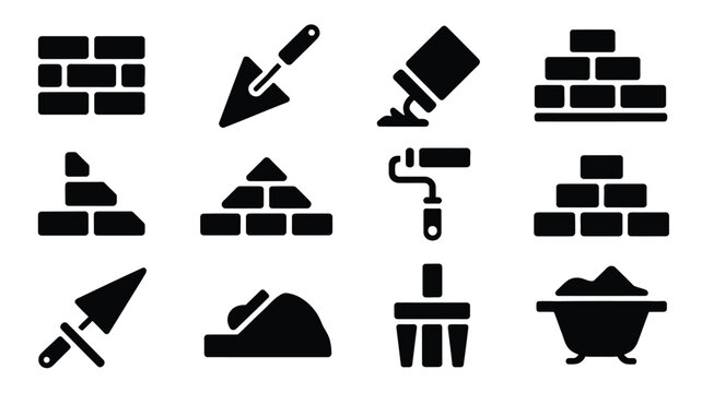 Black silhouette icons of bricklaying tools and materials on white background for construction design