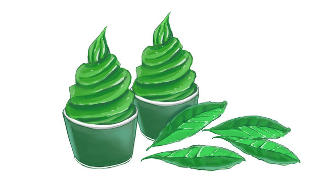 Hand-drawn matcha soft serve ice cream and tea leaves / 抹茶ソフトクリームと茶葉の手描きイラスト