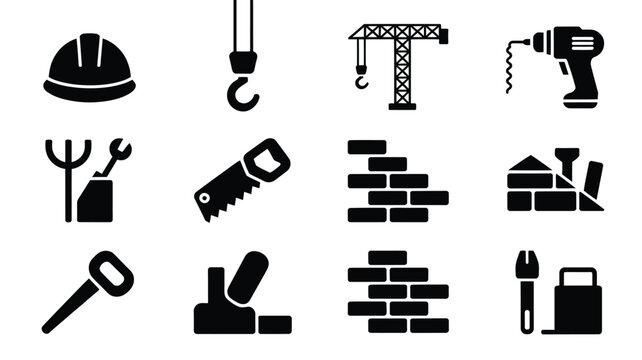 Silhouette icons of construction work tools and equipment black on white background industrial symbols