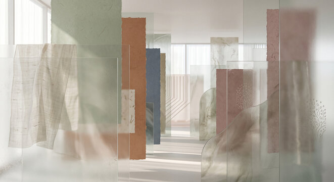 Abstract 3D Architectural Gallery Space with Layered Frosted Glass, Pastel Handmade Paper, and Sheer Fabric