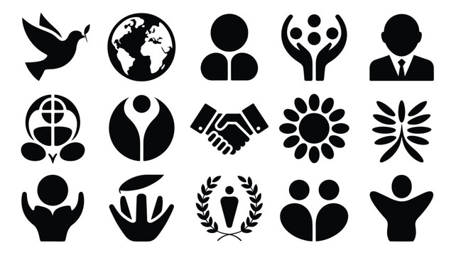 Set of black silhouette icons representing unity partnership and global connections on white background