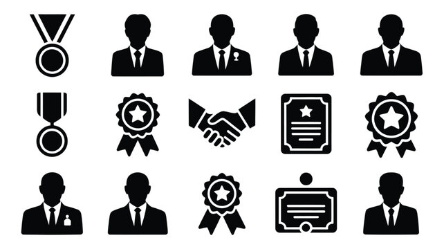 Silhouette icons representing business leaders and awards on white background