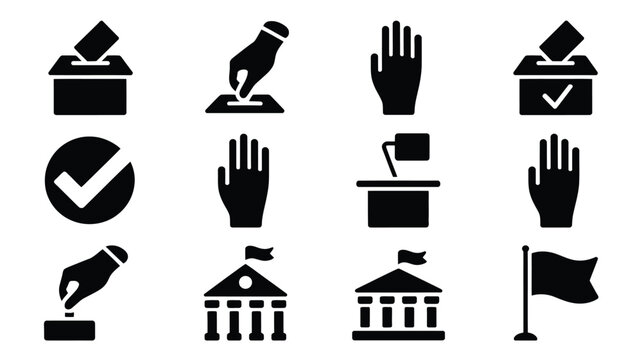 Silhouette icons of voting and democracy symbols including hands ballots and government buildings on white background