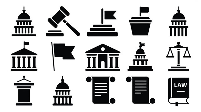 Silhouette icons of government and law symbols including buildings gavel scales and legal documents on white background