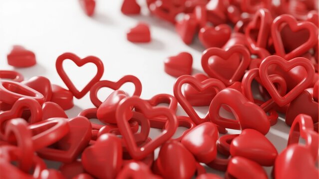 Red heart-shaped objects scattered on a white surface, creating a romantic and festive visual composition.