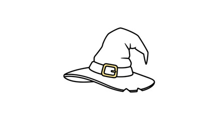 Fototapeta premium Clean line art illustration of a pointed witch hat with a golden buckle provides a classic accessory icon for Halloween themes.