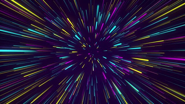 Abstract futuristic hyperspace jump background animation, high speed colorful particles steaks motion graphic.