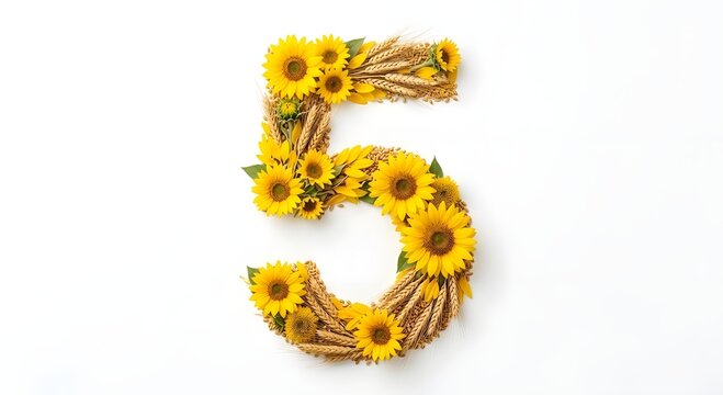 Floral number 5 made of bright sunflowers and golden wheat stalks on a white background. Harvest theme botanical numeral for birthday, anniversary, or seasonal design.