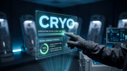 Fototapeta premium High-Tech Cryogenic Vitrification Status Display with Neon Glow Effects