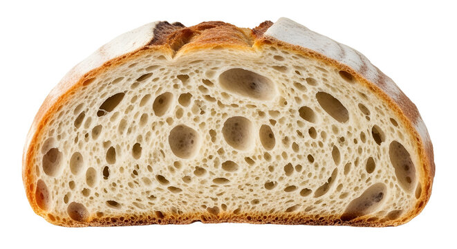 Artisan sourdough bread cross section, rustic crusty loaf with airy crumb structure, sliced homemade wheat bread isolated on white background