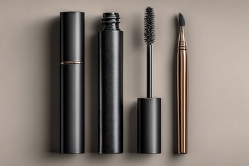Obraz premium Black mascara tube and brush with rose gold accent on neutral background cosmetics