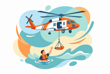 Coast Guard Rescue Helicopter Saving Person in the Sea Illustration © nasyih