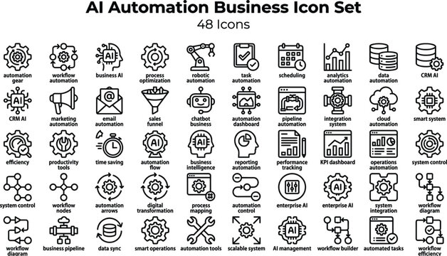 AI Automation Business Icon Set Featuring Workflow Systems, Analytics, CRM, Robotics, Process Optimization and Enterprise AI Concepts