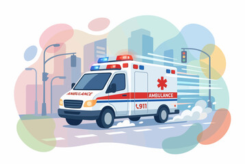 Fototapeta premium Emergency Ambulance Van Speeding through City Street