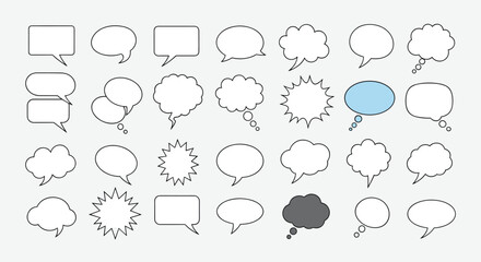 Naklejka premium Extensive collection of speech and thought bubbles in diverse shapes and sizes including oval, rectangular, and cloud-like designs.