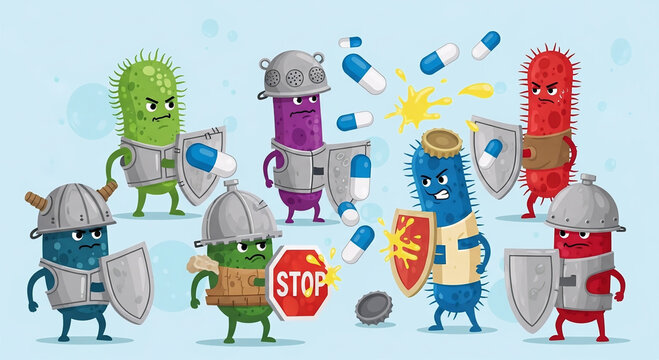 A group of cartoon bacteria characters wearing armor and holding shields to protect themselves against antibiotic pills, representing antimicrobial resistance in a fun, educational style.