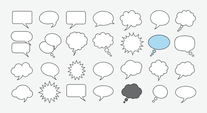 Extensive collection of speech and thought bubbles in diverse shapes and sizes including oval, rectangular, and cloud-like designs.