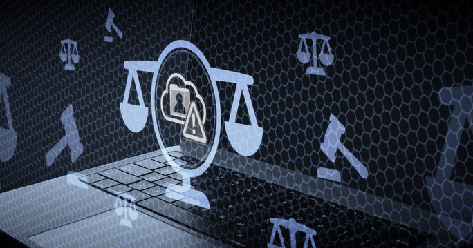 Digital legal warning concept featuring a cloud data security threat icon on a laptop screen with scales of justice and law hammer symbols for cybersecurity law enforcement